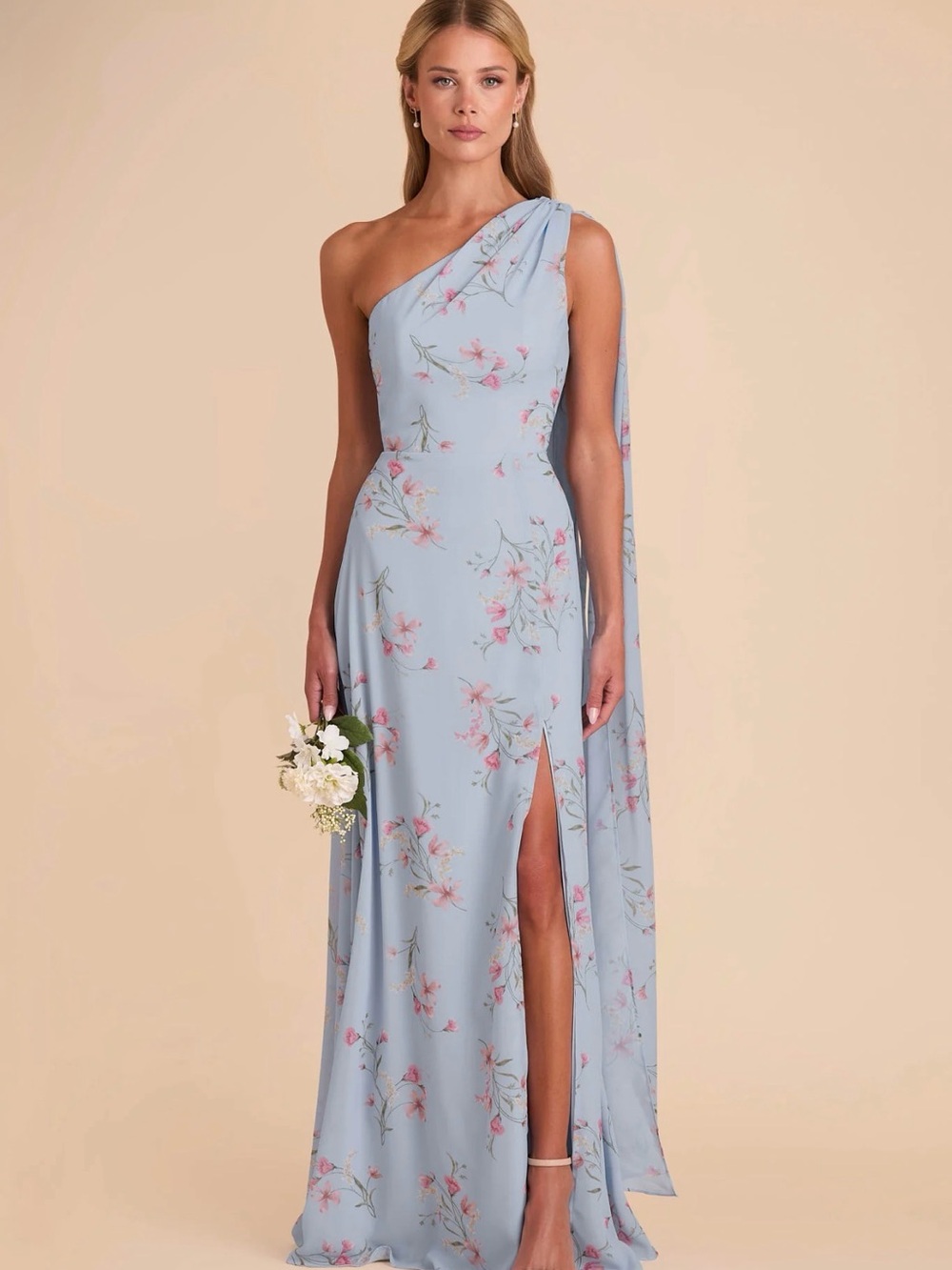 Birdy Grey One-Shoulder Light Blue Floral Gown